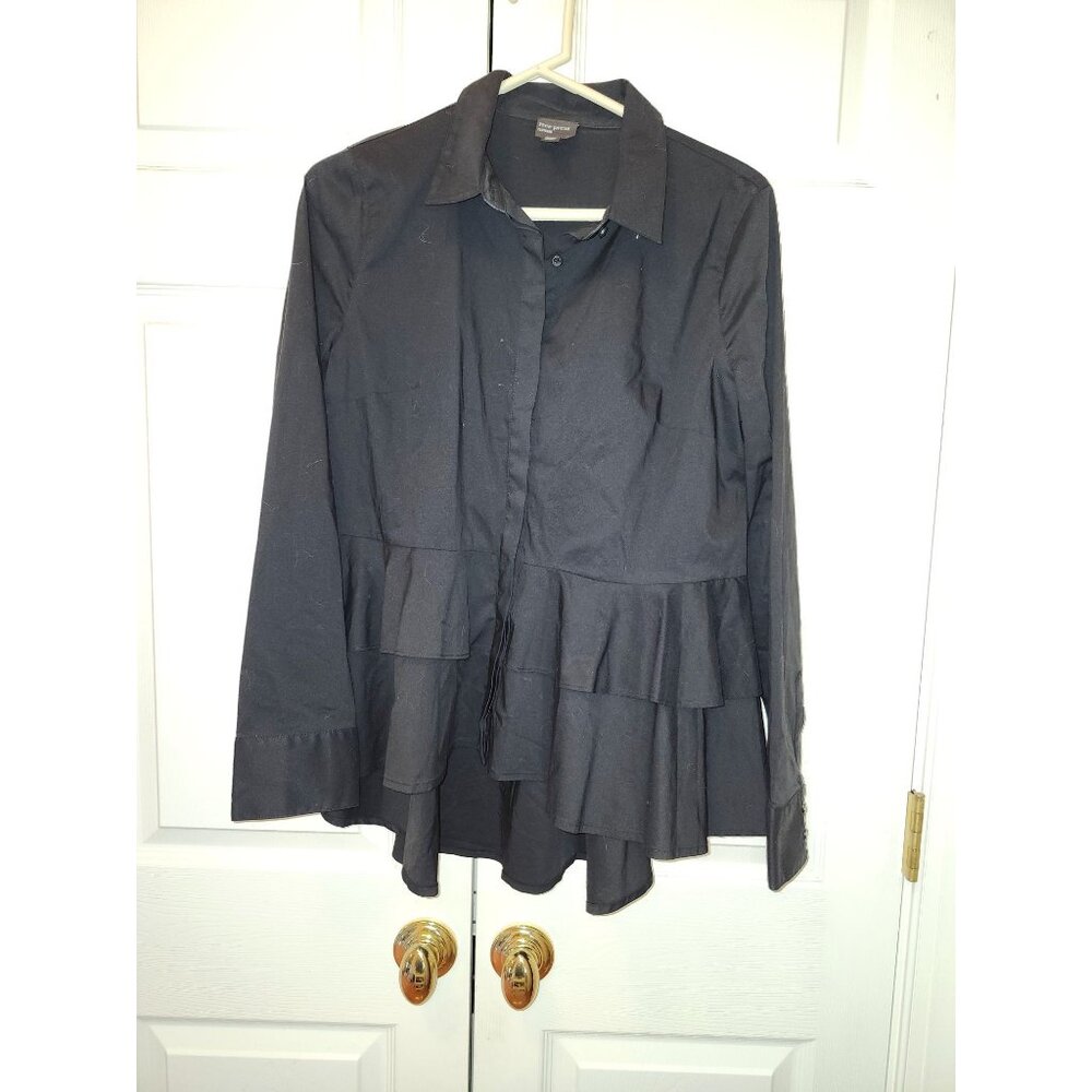 Women Free Press Clothing Black Ruffle High Low Button Long Sleeve Blouse Size M